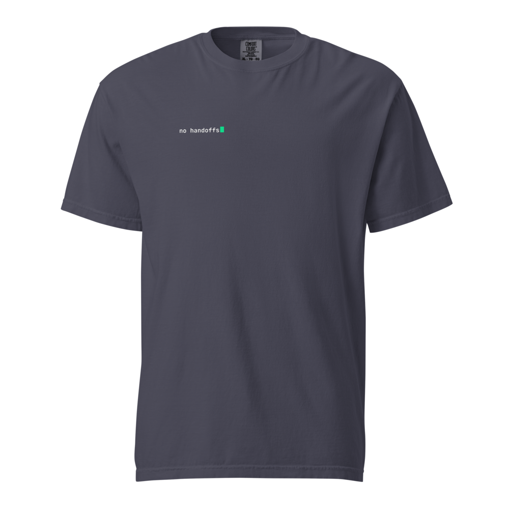 no handoffs — navy. left chest lockup, cream + phosphor on garment-dyed comfort colors 1717 navy tee