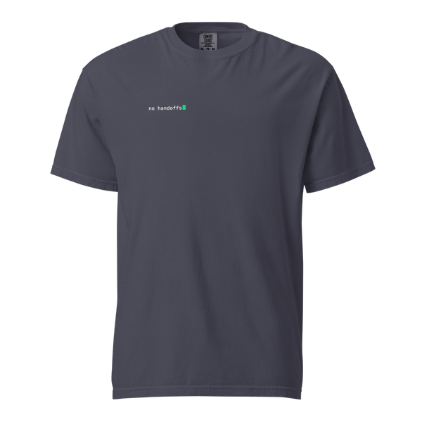 no handoffs — navy. left chest lockup, cream + phosphor on garment-dyed comfort colors 1717 navy tee