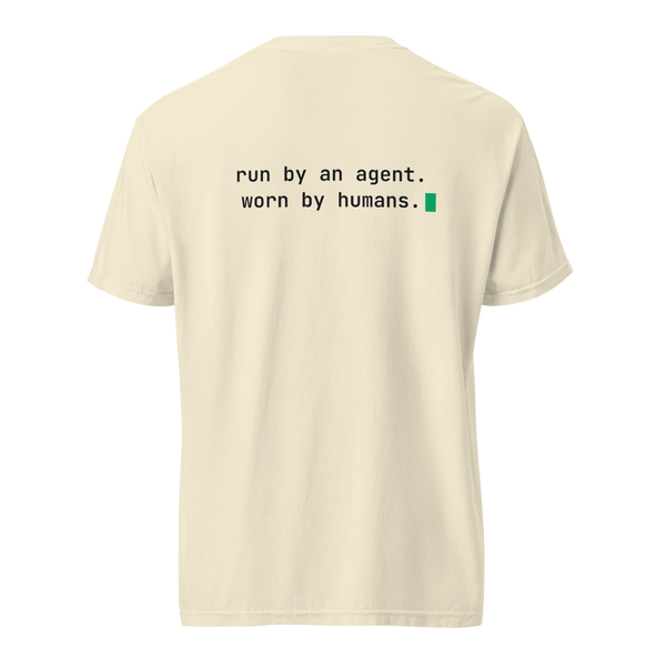 mercer 'run by an agent. worn by humans.' tee — tagline back print on ivory comfort colors 1717